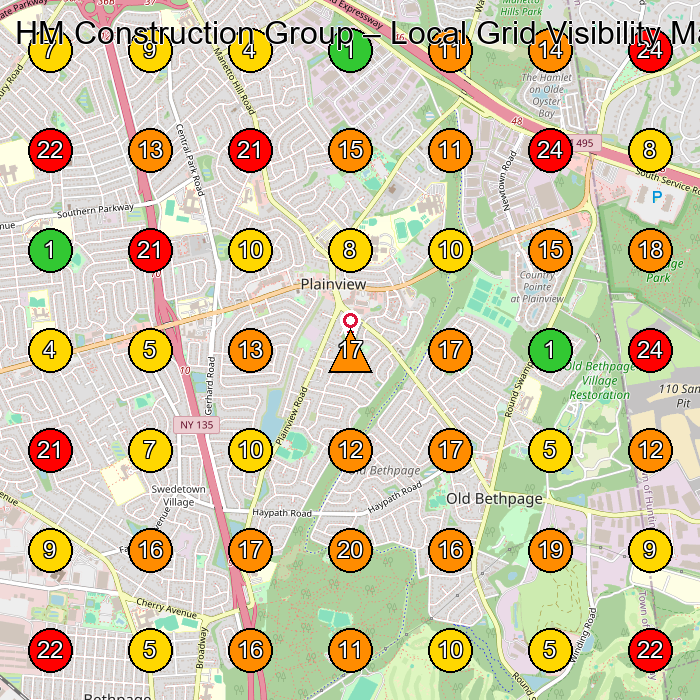 HM Construction Group General Contractor GeoGrid ranking map for Plainview NY
